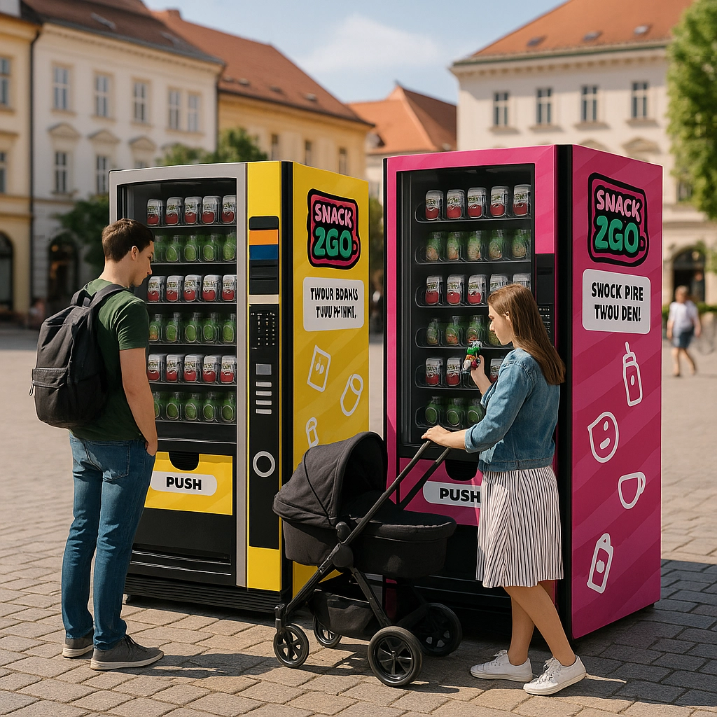 Ľudia si vyberajú drinky z nápojového automatu SNACK2GO